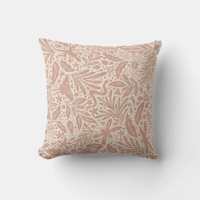 Forest Bugs - maximalist botanical pattern - blush Throw Pillow (Front)