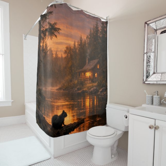 Forest Cabin at Sunset • Painterly Shower Curtain (In Situ)