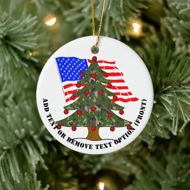 Forest Camouflage Christmas Tree w/American Flag Ceramic Ornament (Tree)