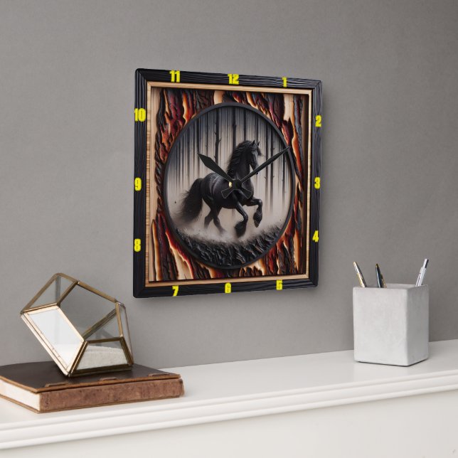 Forest Canter: Personalized Charred Wood Friesian Square Wall Clock (Office)