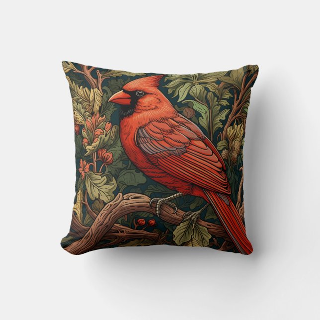Forest Cardinal, William Morris Style Throw Pillow (Front)