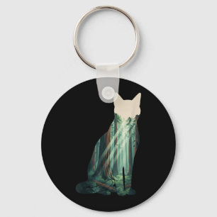 Forest Cat Silhouette Woodland Nature Landscape Keychain