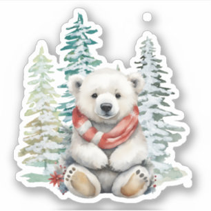 Forest Christmas Trees Polar Bear with Red Scarf