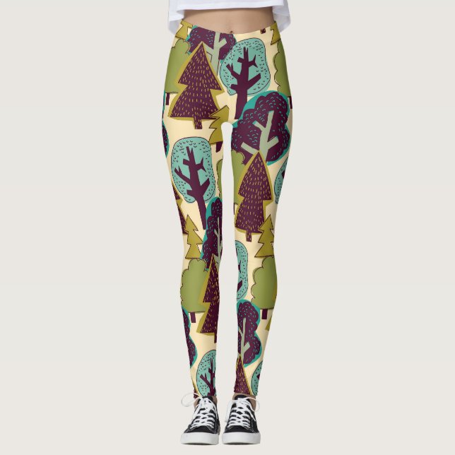 Forest Colour Doodle Trees Illustration Leggings (Front)