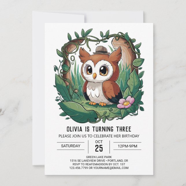 Forest Colourful Digital Owl Birthday Invitation (Front)