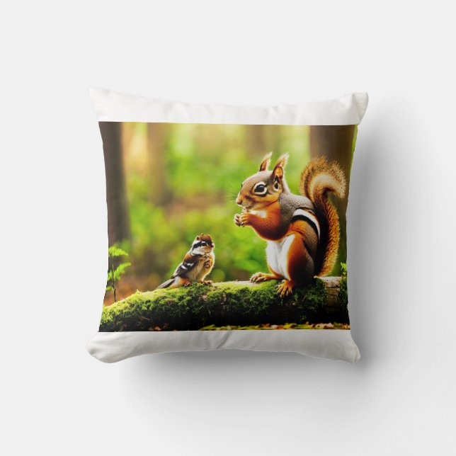 Forest Companions – Squirrel, Chipmunk & Bird Throw Pillow (Front)