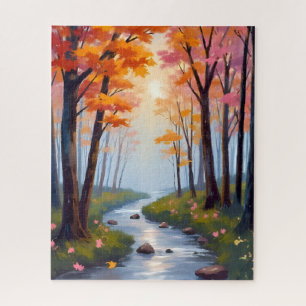 Forest Creek   Fall Foliage Watercolor Landscape Jigsaw Puzzle