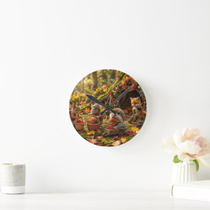 Forest Critters Fall Harvest Fantasy Whimsical Round Clock