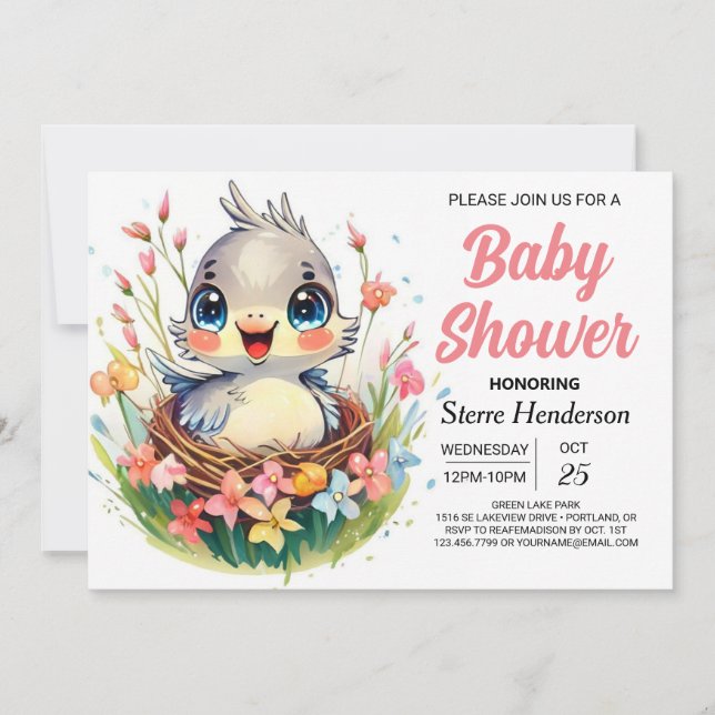 Forest Cute Into the Woods Bird Baby Shower Invitation (Front)