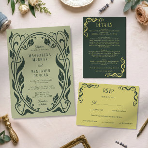 Forest Dark Green Sage Art Nouveau Elegant Wedding Invitation