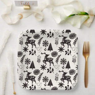 Forest Deer Folk Art Black and White Paper Plate
