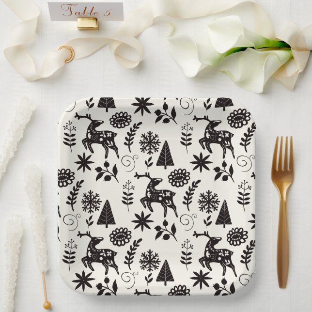 Forest Deer Folk Art Black and White Paper Plate (Wedding)
