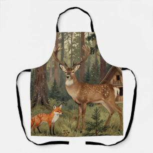 Forest Deer Fox Woodland Cabin Scene Apron