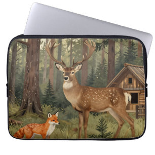 Forest Deer Fox Woodland Cabin Scene Laptop Sleeve