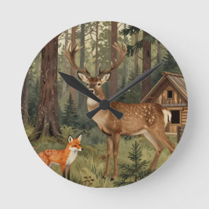 Forest Deer Fox Woodland Cabin Scene Round Clock