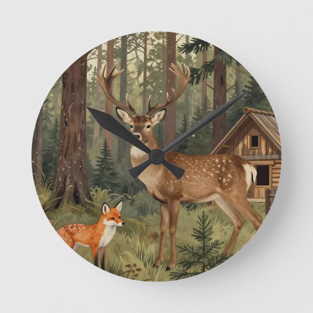 Forest Deer Fox Woodland Cabin Scene Round Clock (Front)