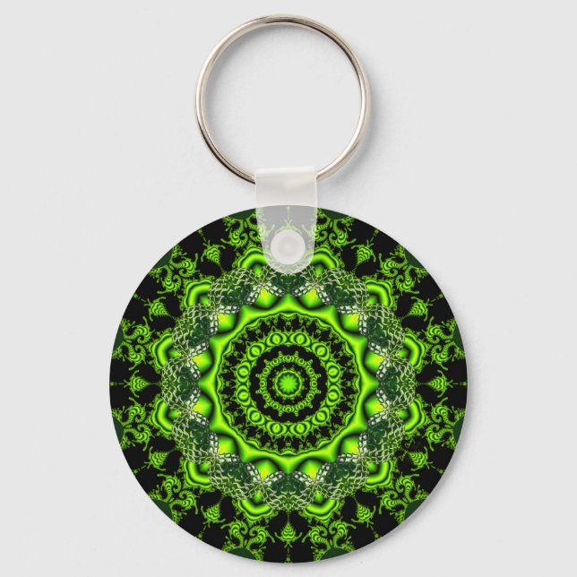 Forest Dome Mandala, Abstract Green Woods Keychain (Front)