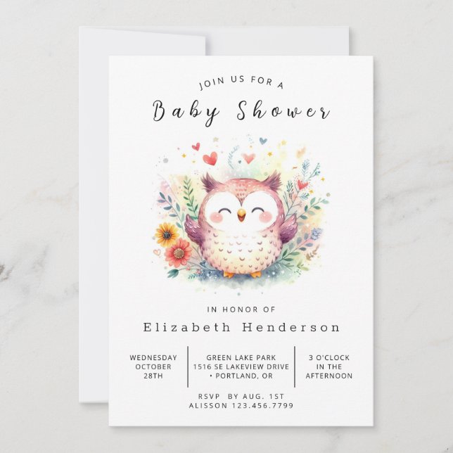 Forest Editable Owl Baby Shower Invitation (Front)