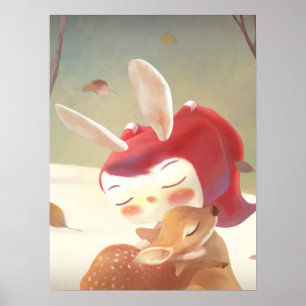 Forest Embrace: Bunny Girl Hugging Little Deer Poster