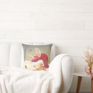 Forest Embrace: Bunny Girl Hugging Little Deer Throw Pillow
