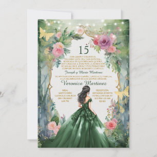 Forest Emerald Green Dress Flowers 15 Mis Quince Invitation