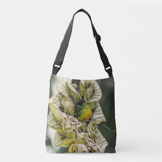Forest Euphonia Bird Nestled in Leaf Cavern Crossbody Bag (Front)