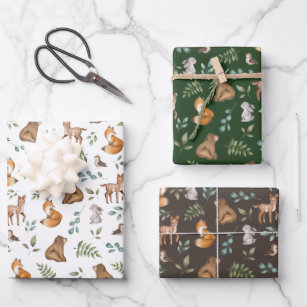 Forest Fable Woodland Animals Greenery Baby Wrapping Paper Sheet