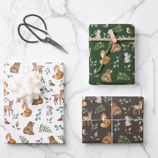 Forest Fable Woodland Animals Greenery Baby Wrapping Paper Sheet (Front)