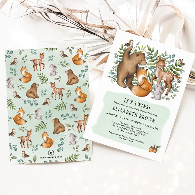 Forest Fable Woodland Animals Twins Baby Shower Invitation (Creator Uploaded)