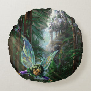 Forest Faires and Waterfall Castle Round Pillow