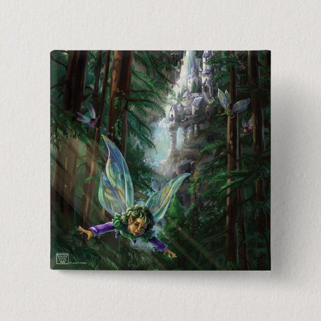 Forest Fairies and Waterfall Castle 2 Inch Square Button (Front)