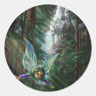 Forest Fairies and Waterfall Castle Art Classic Round Sticker