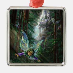 Forest Fairies and Waterfall Castle Metal Ornament