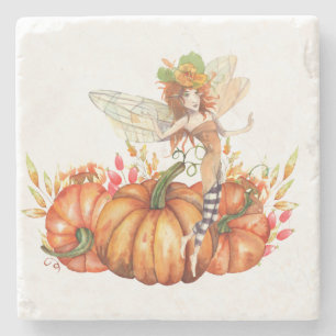 Forest Fairy & Autumn Pumpkin Bouquet  Stone Coaster