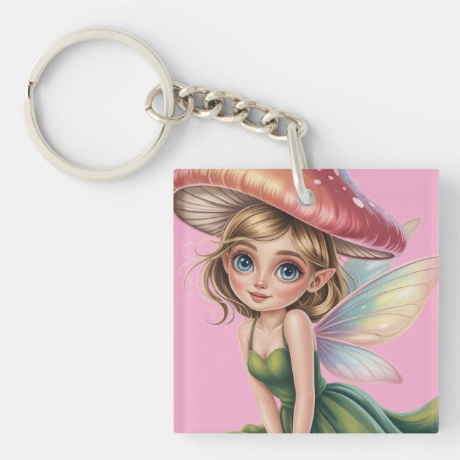 Forest Fairy with Mushroom Hat Illustration Keychain (Front)