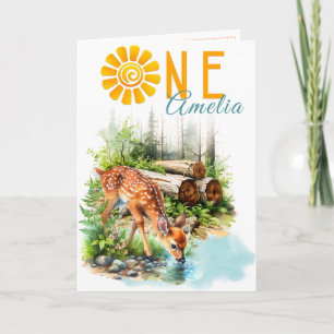 Forest Fawn Woodland First Birthday Card