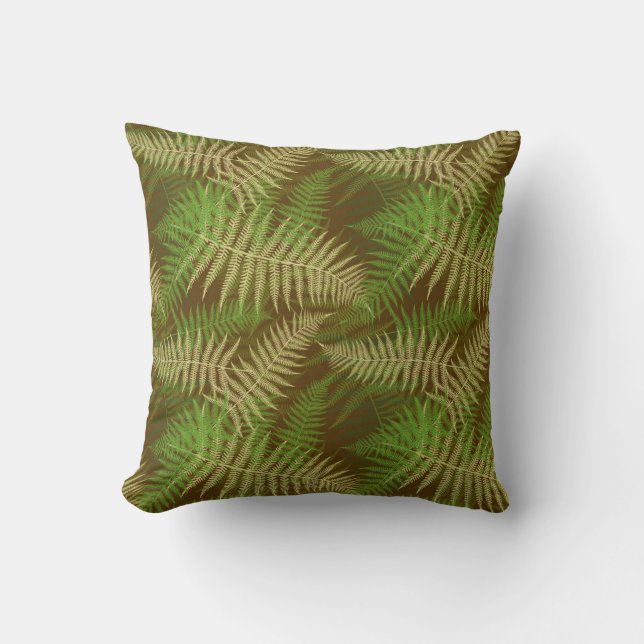 Forest Ferns Pattern Brown and Green Throw Pillow (Front)