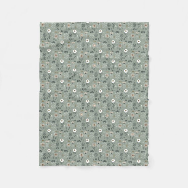 Forest Floral Sage Green Fleece Blanket (Front)