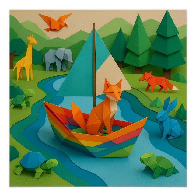 Forest Folded Animals – Colourful Origami Wildlife Poster (Front)