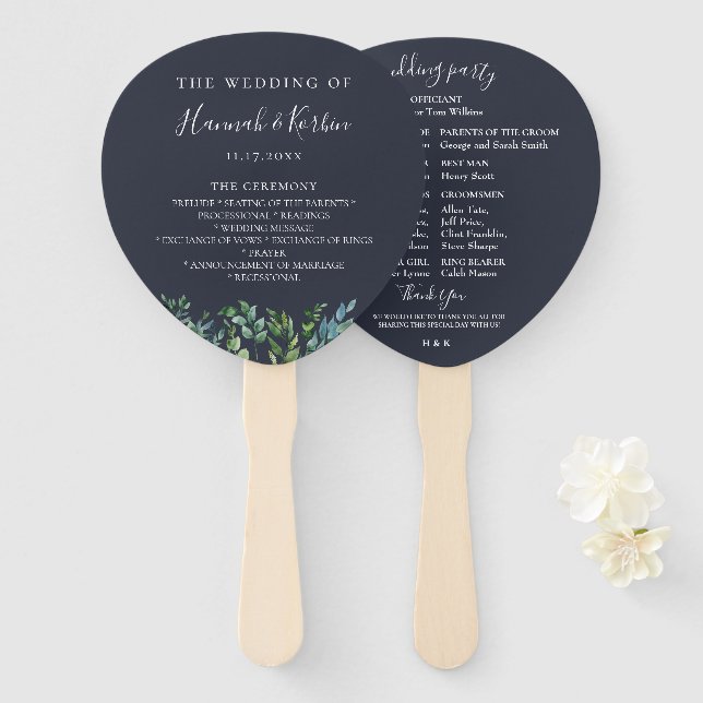 Forest Foliage Navy Blue Wedding Program Hand Fan (Front and Back)