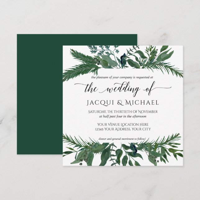 Forest Foliage Wreath Watercolor Wedding | Square Invitation (Front/Back)