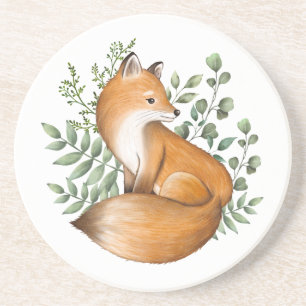 Forest Fox   Watercolor Woodland Animal Greenery Coaster