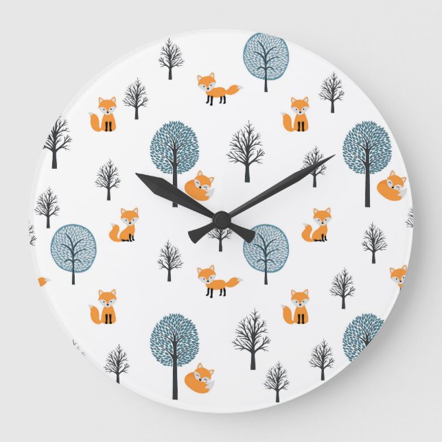 Forest Foxes: Vintage White Background Large Clock (Front)