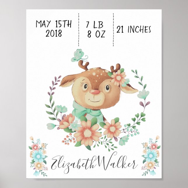 forest friend baby deer birth stats monogram poster (Front)