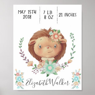 forest friend baby hedgehog birth stats monogram poster