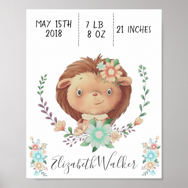 forest friend baby hedgehog birth stats monogram poster (Front)