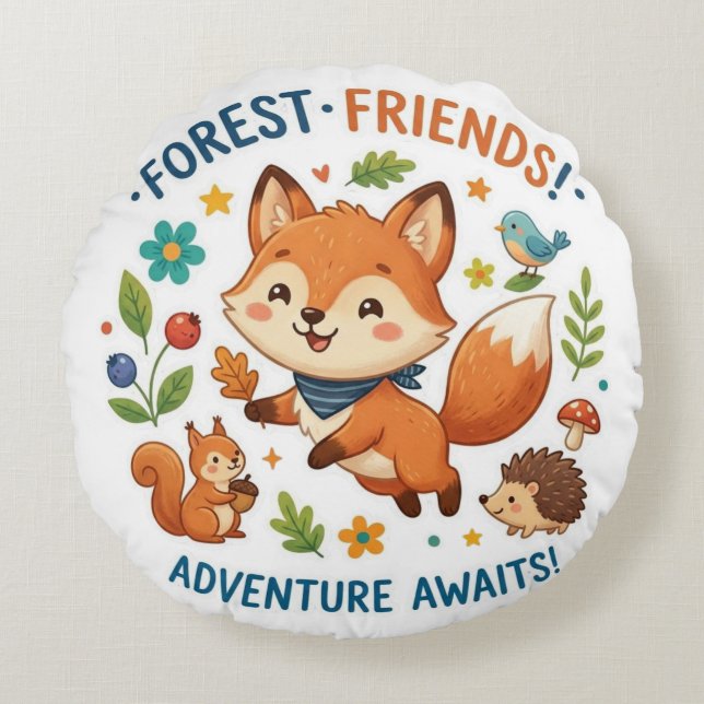 Forest Friends Adventure Awaits Round Pillow (Front)