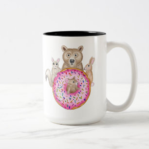 Forest Friends and Doughnut Whimsical Illustrated Two-Tone Coffee Mug
