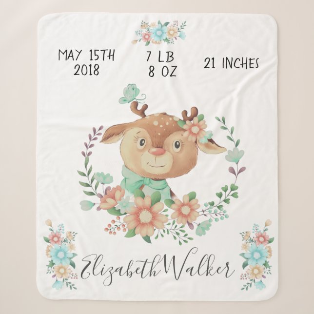 forest friends baby deer birth stats sherpa blanket (Front)