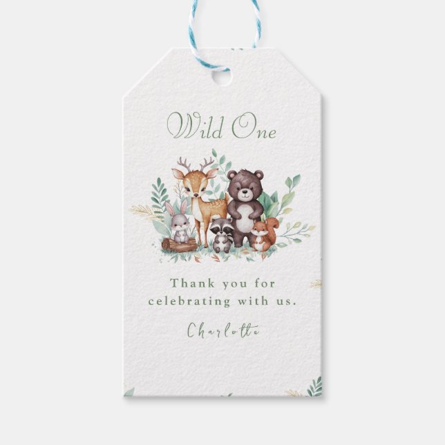 Forest Friends first birthday thank you tag (Front)